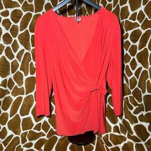 Anne Klein Coral Red Faux Wrap 3/4 Sleeve Knit Top XL
